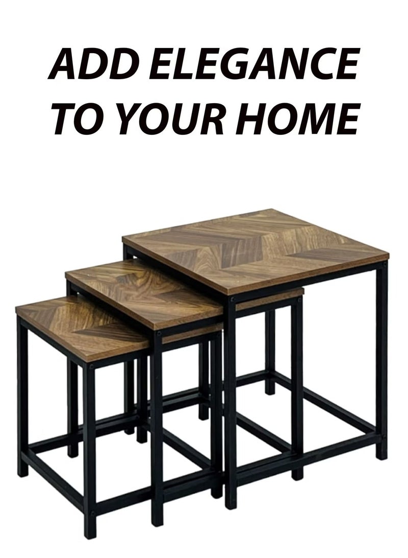 DBLEW 3 Pieces Square Nesting Side Table Set Minimalist Stackable Coffee Tables Wood Top Accent Tables Industrial End Tables Bedside Desk For Home Office Living Room Hall And Small Spaces Sofa Centre Teapoy Table Dark Walnut - Image 5